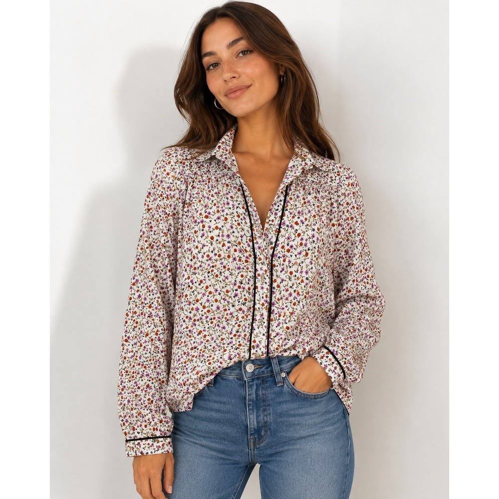 Zara Womens Medium Floral Button Front Blouse Long Sleeve Cottagecore